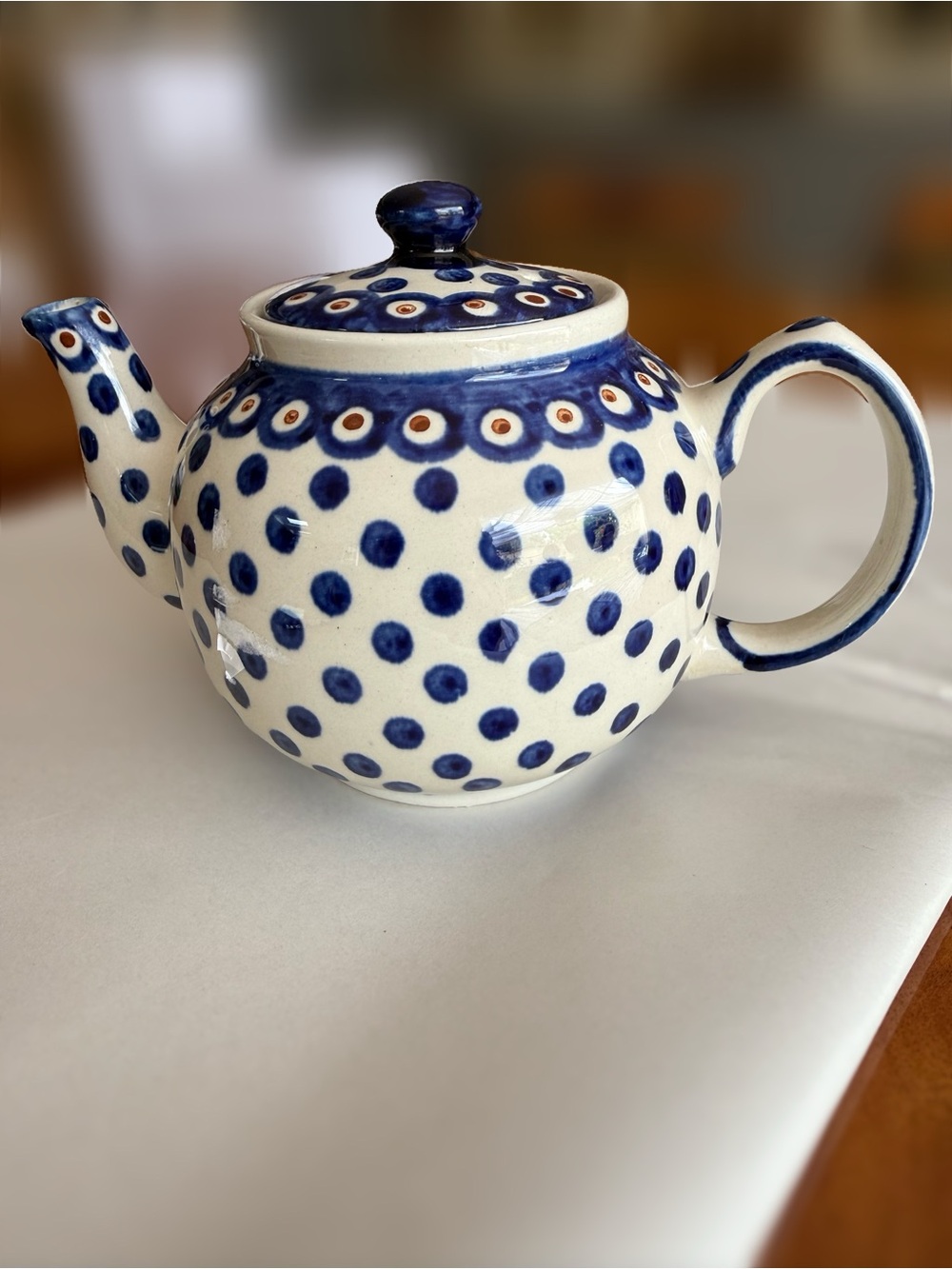 Hand-Painted Blue Dot Ceramic Teapot Bolesławiec Poland new no tag